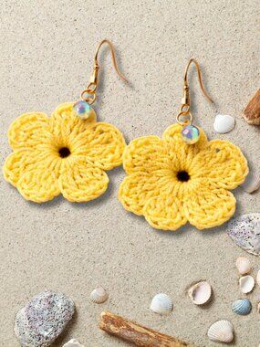 Yellow Crochet Flower Earrings with Crystal Charm – Handmade Floral Earrings